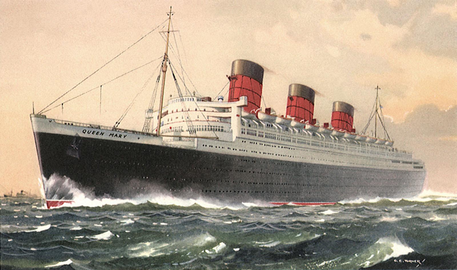 An illustration of the ocean liner, the Queen Mary from 1936.