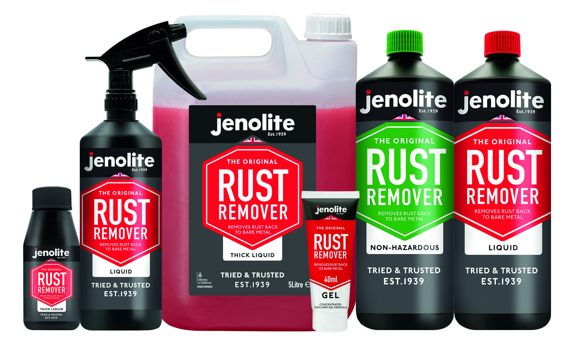 Photograph of the Jenolite rust remover range.